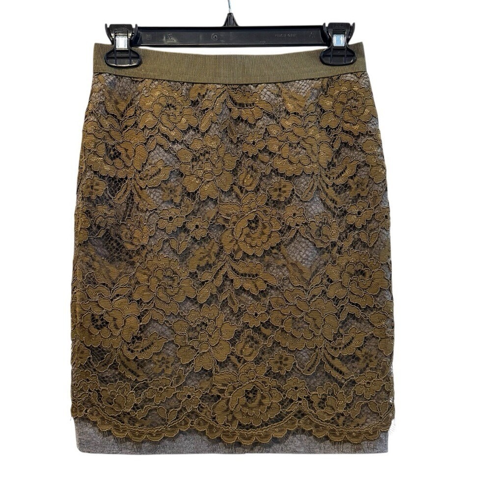 LOFT Pencil Skirt Green Gold Floral Scalloped Lace Overlay Womens 00P‎